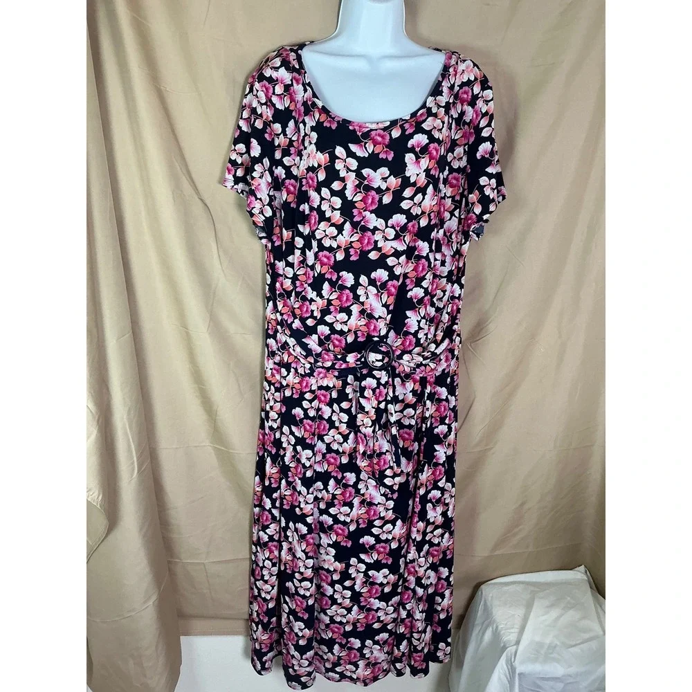 Perceptions Floral Midi Dress Womens 2X Navy Pink Excellent O-Ring Cinched Waist